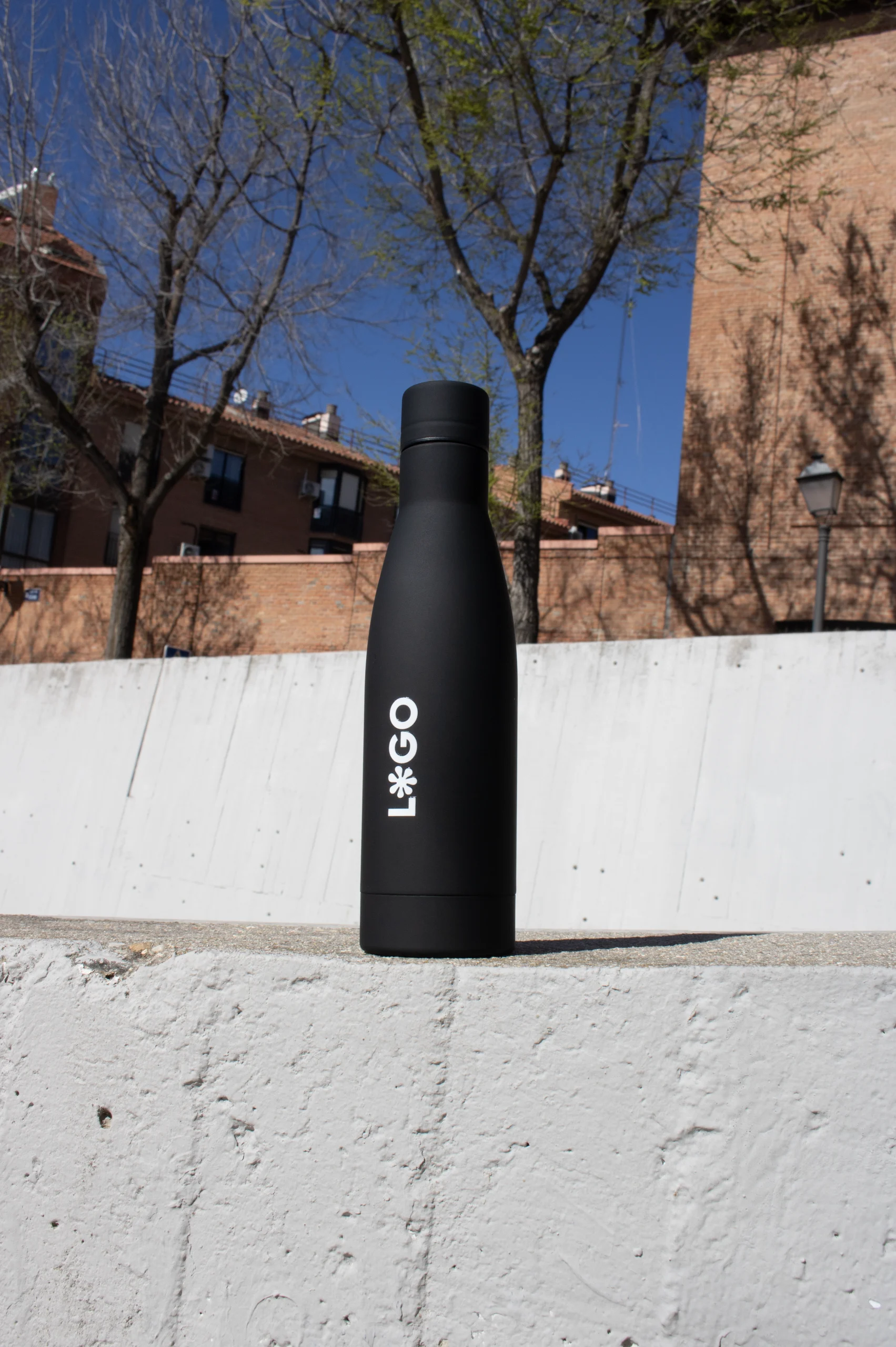 Botella negra de acero inoxidable personalizada con logo blanco apoyada en la calle