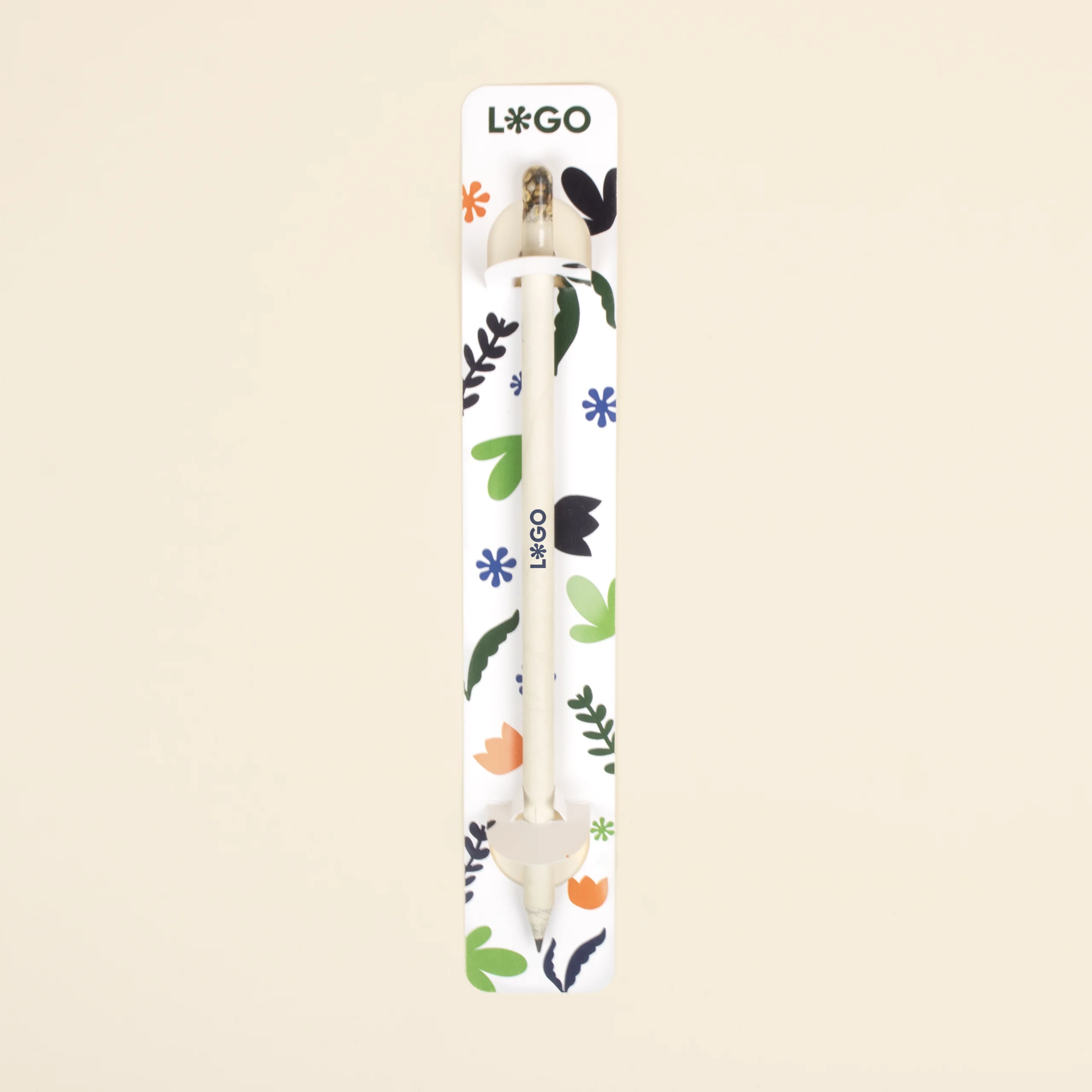 Lapiz plantable personalizado con blister blanco frontal fondo beige