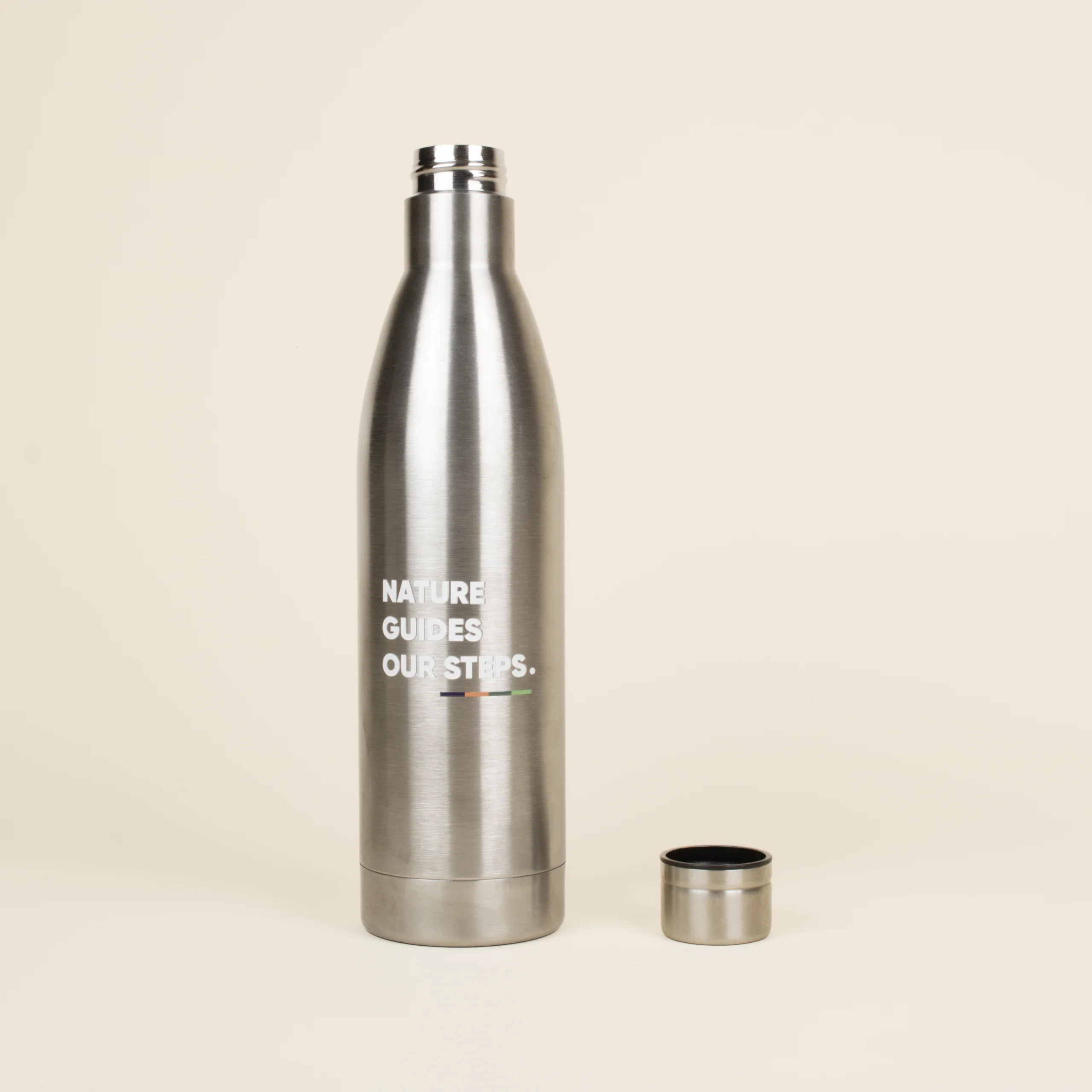 Botella acero inoxidable 1 litro Tapón Botella acero inoxidable 1 litro abierta tapón fondo beige