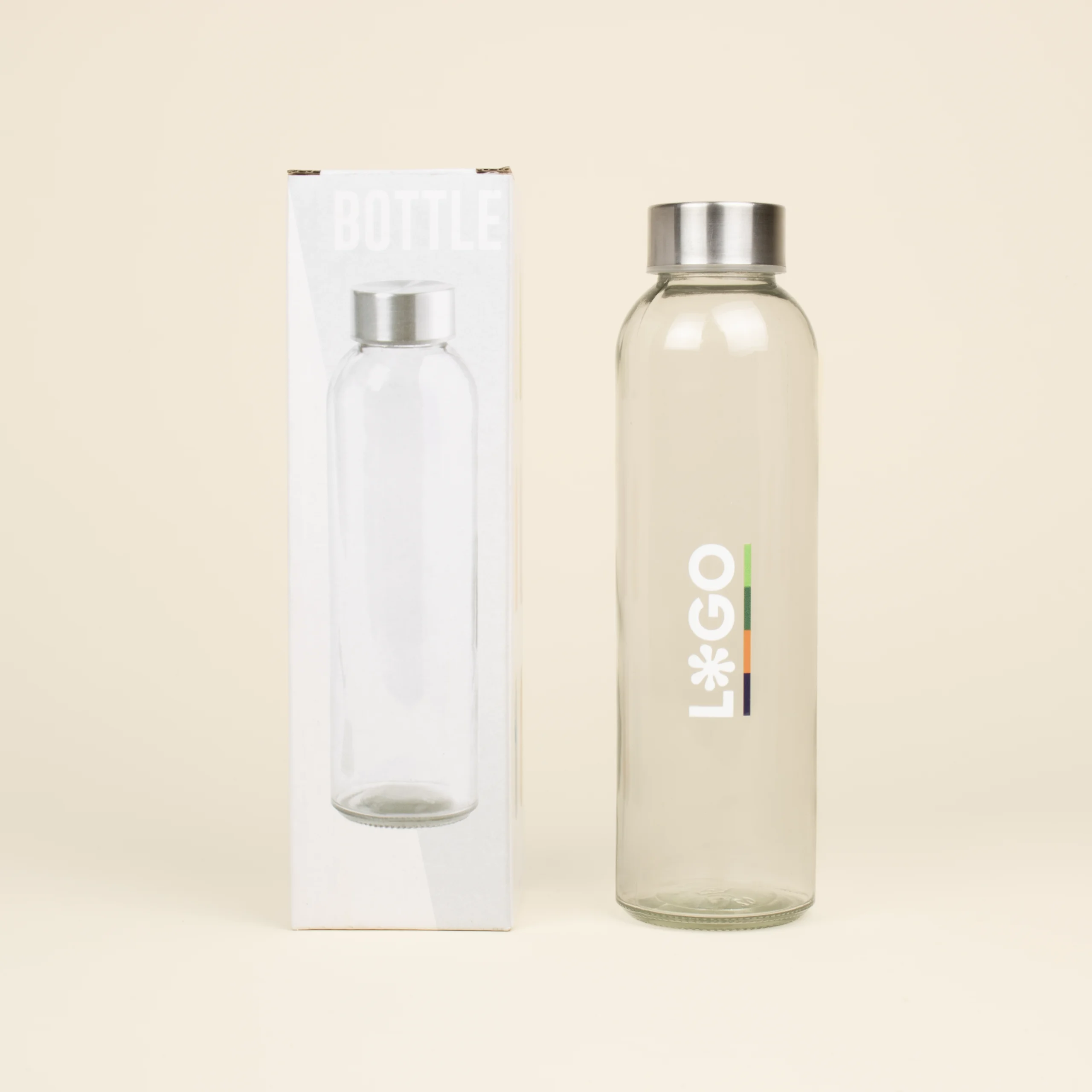 Botella de cristal personalizada Caja Botella de cristal personalizada con caja fondo beige