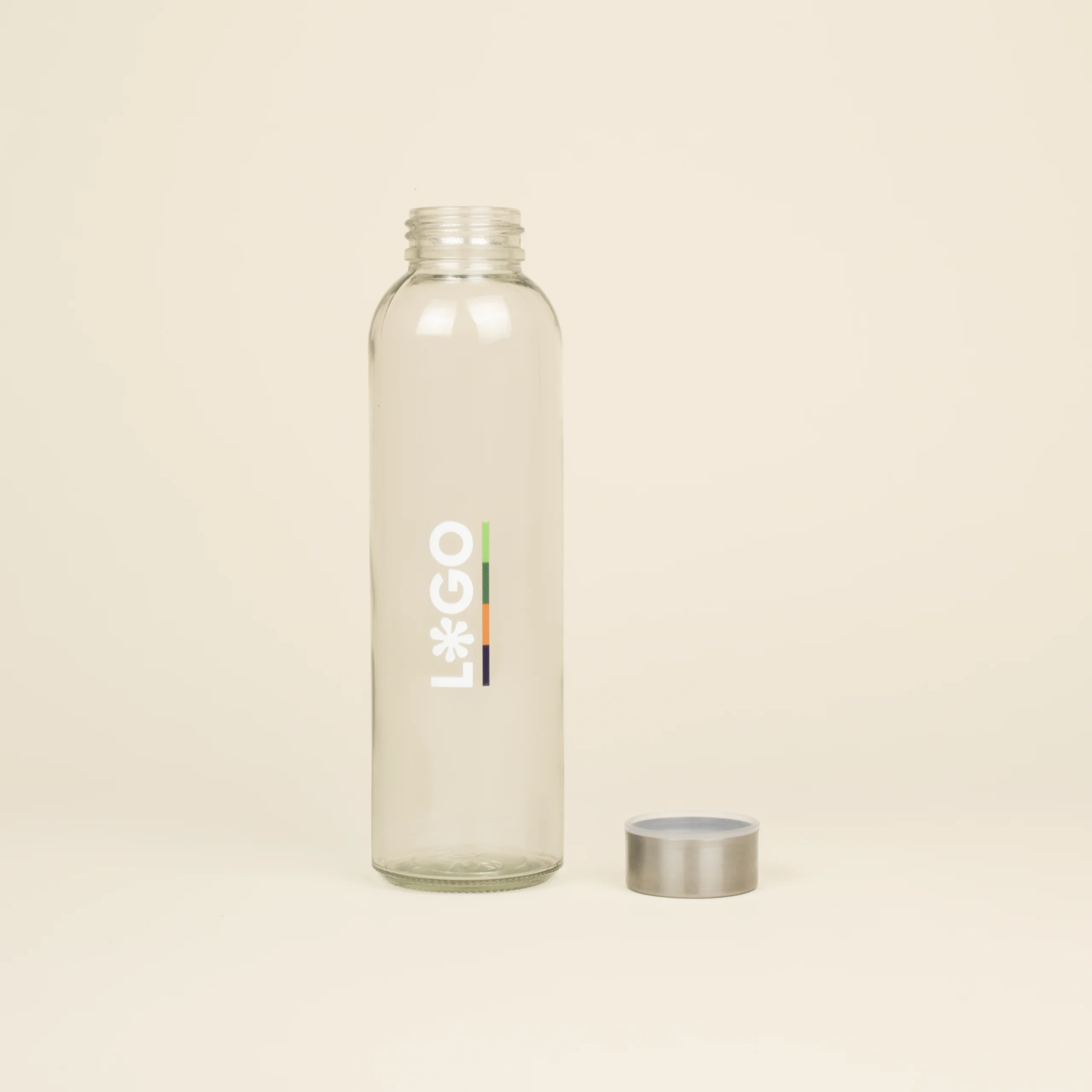 Botella de cristal personalizada Tapón Botella de cristal personalizada abierta con tapón fondo beige