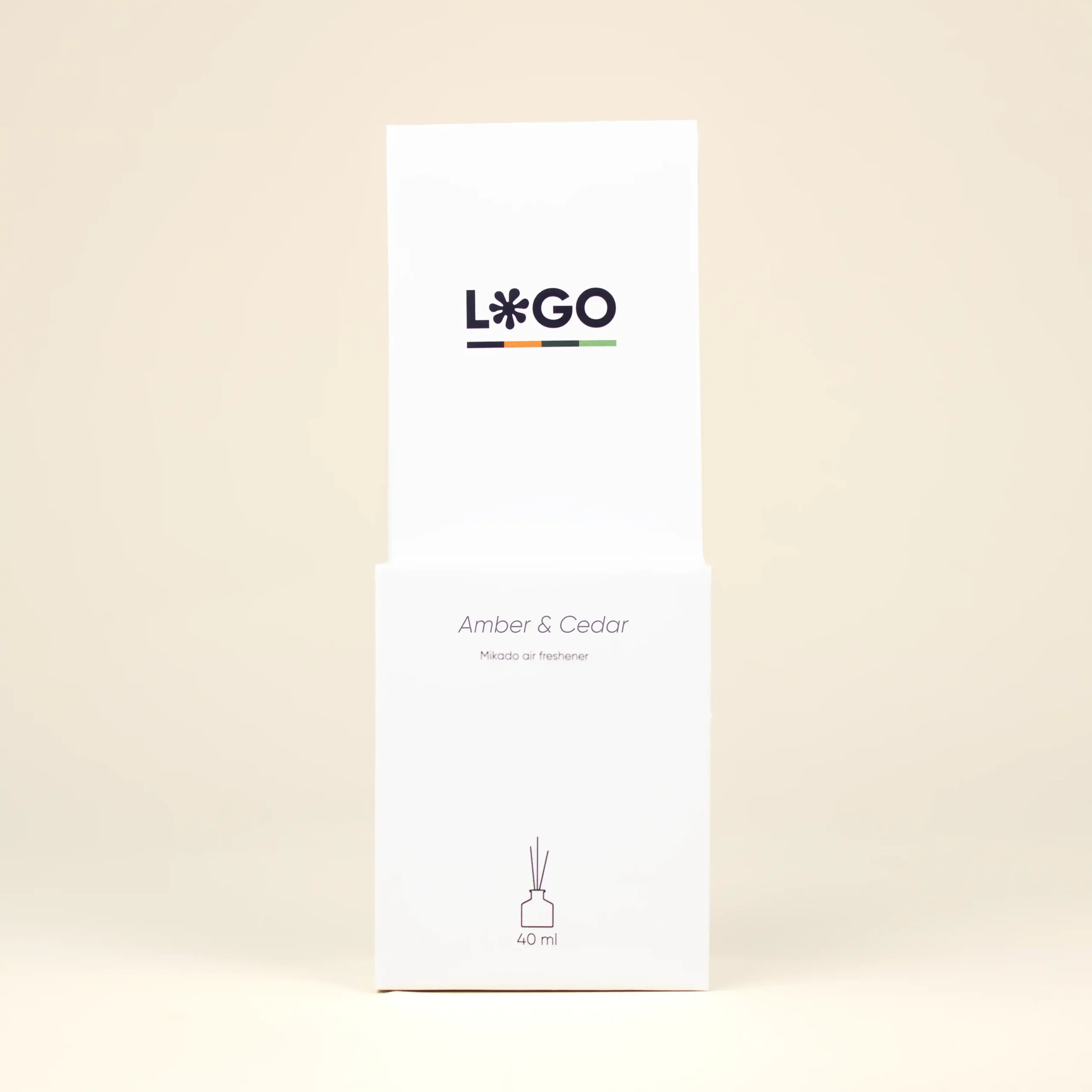 Frontal caja blanca ambientador mikado personalizada fondo beige