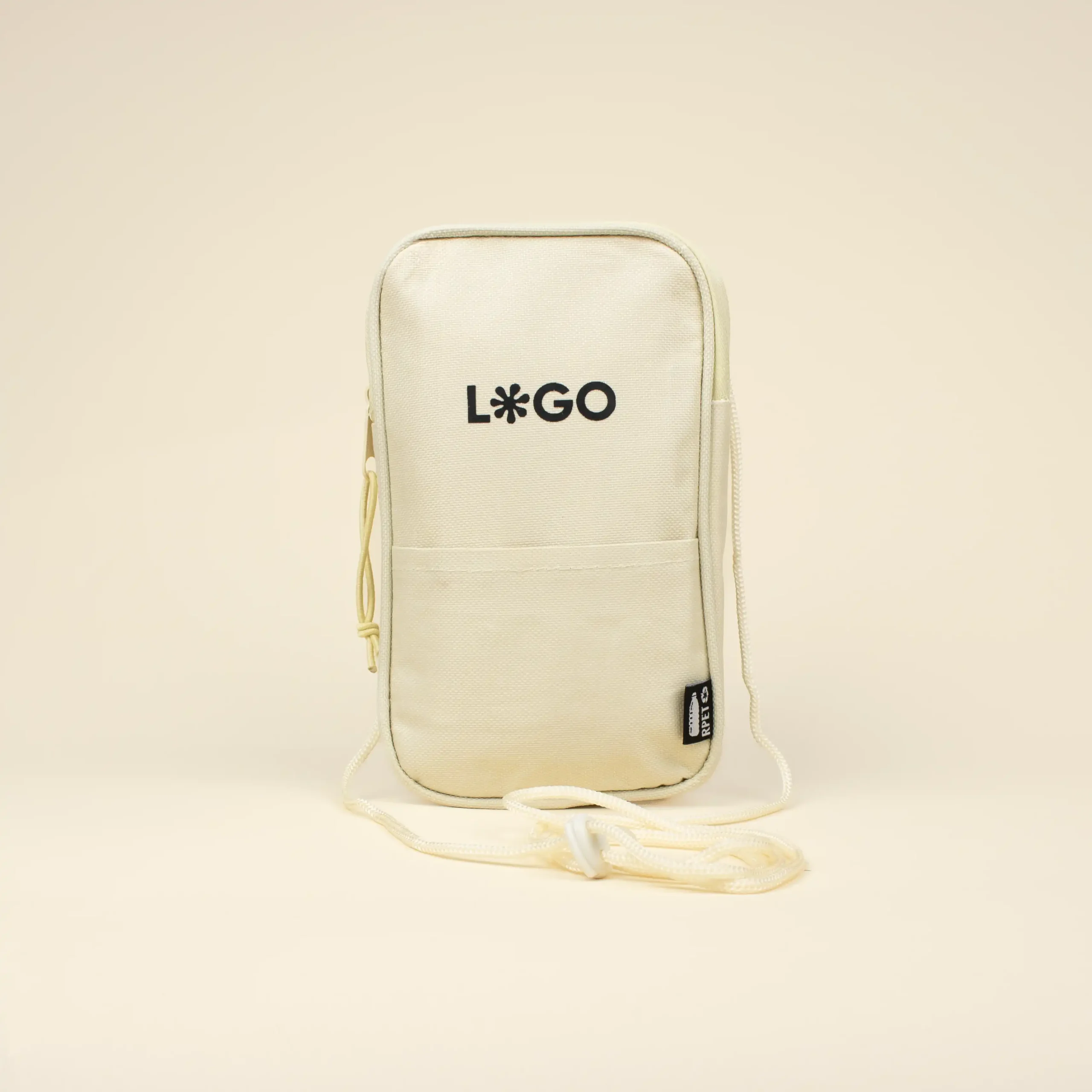 Riñonera portamóvil POKE Beige Riñonera portamóvil personalizada beige logo frontal