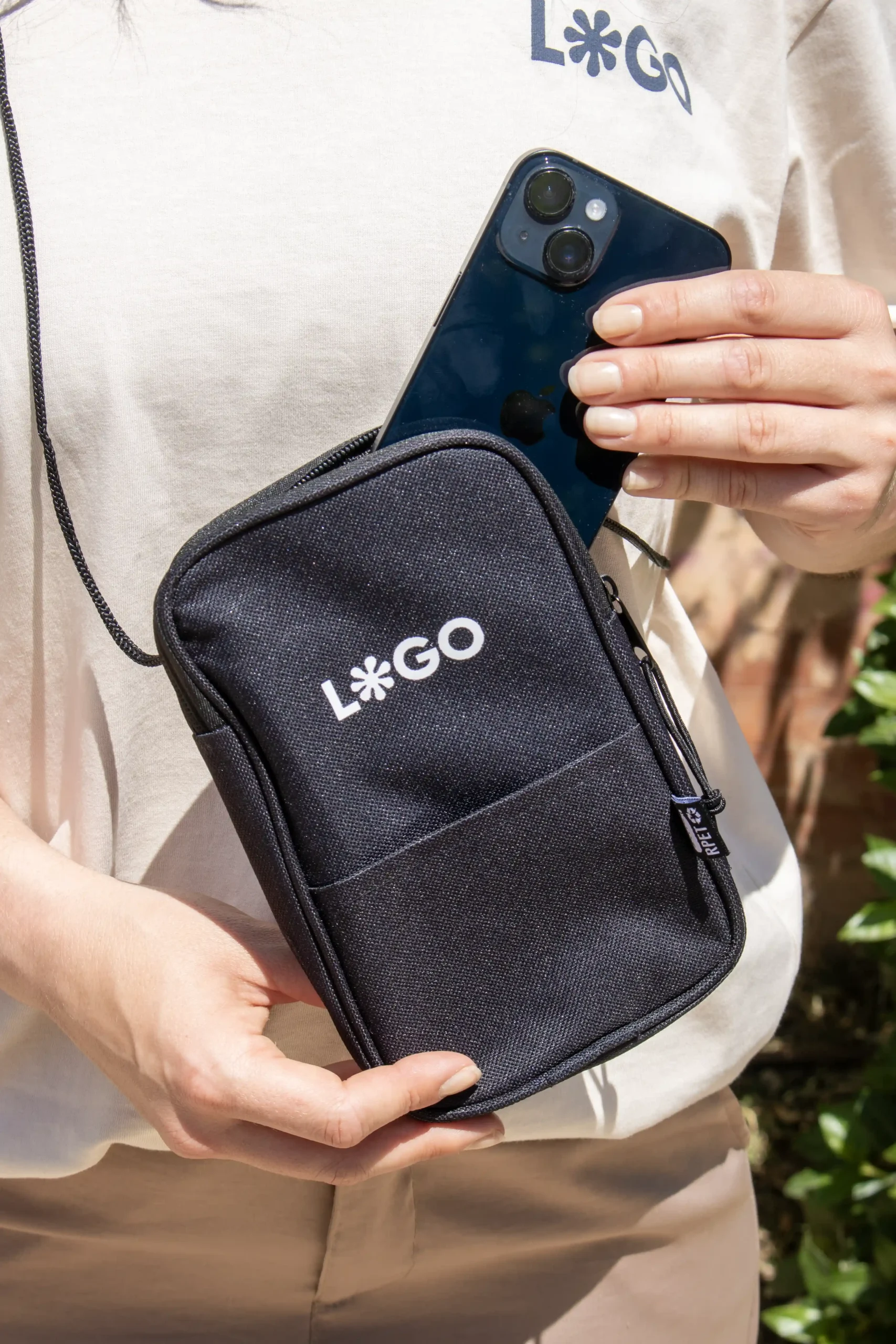 Personalized fanny pack, black, hands-free model