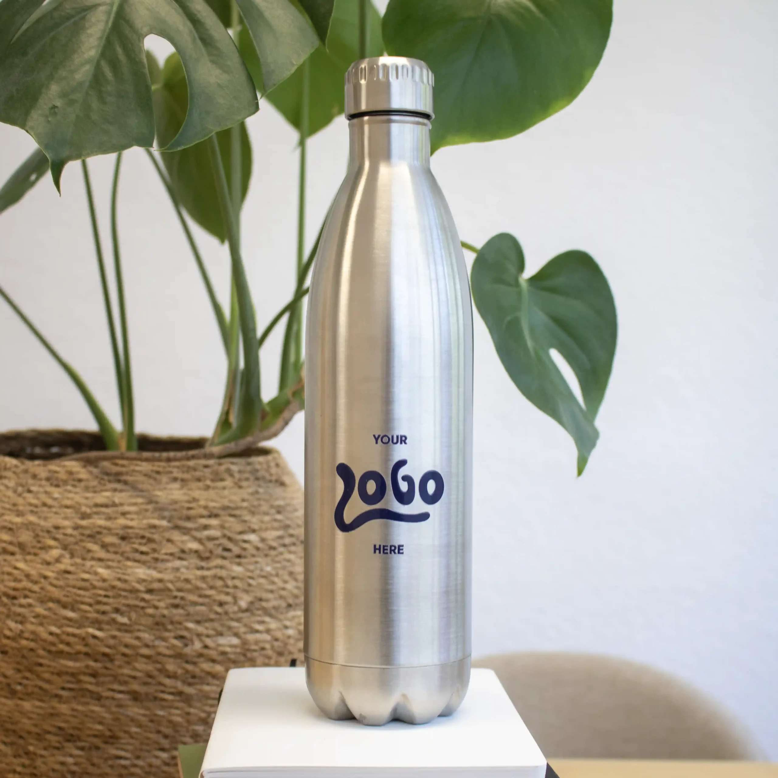 Botella térmica 850ml personalizada logo azul delante de maceta con planta