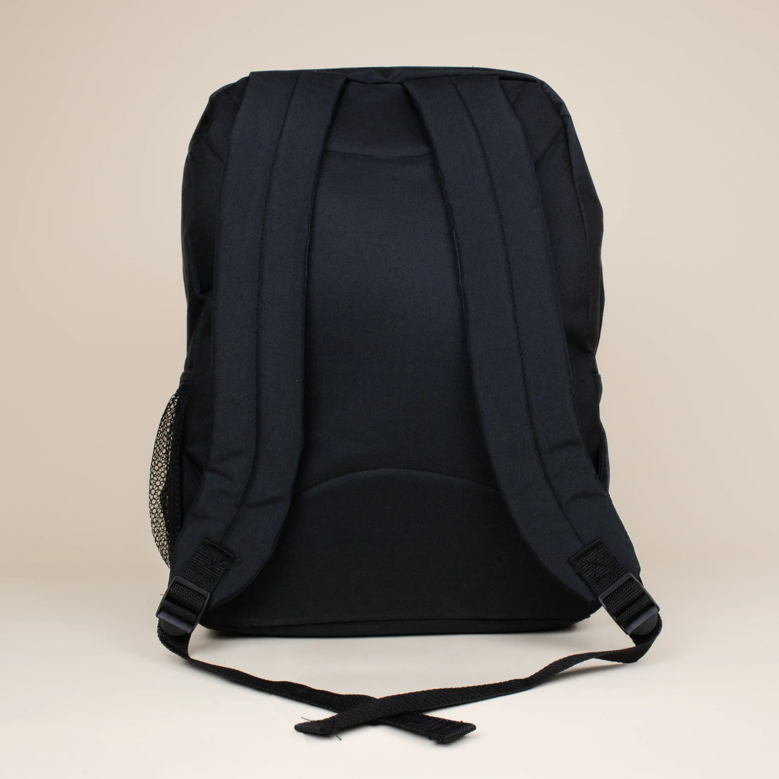 Mochila corporativa negra SWAN Detrás Mochila corporativa personalizada negra trasera fondo beige