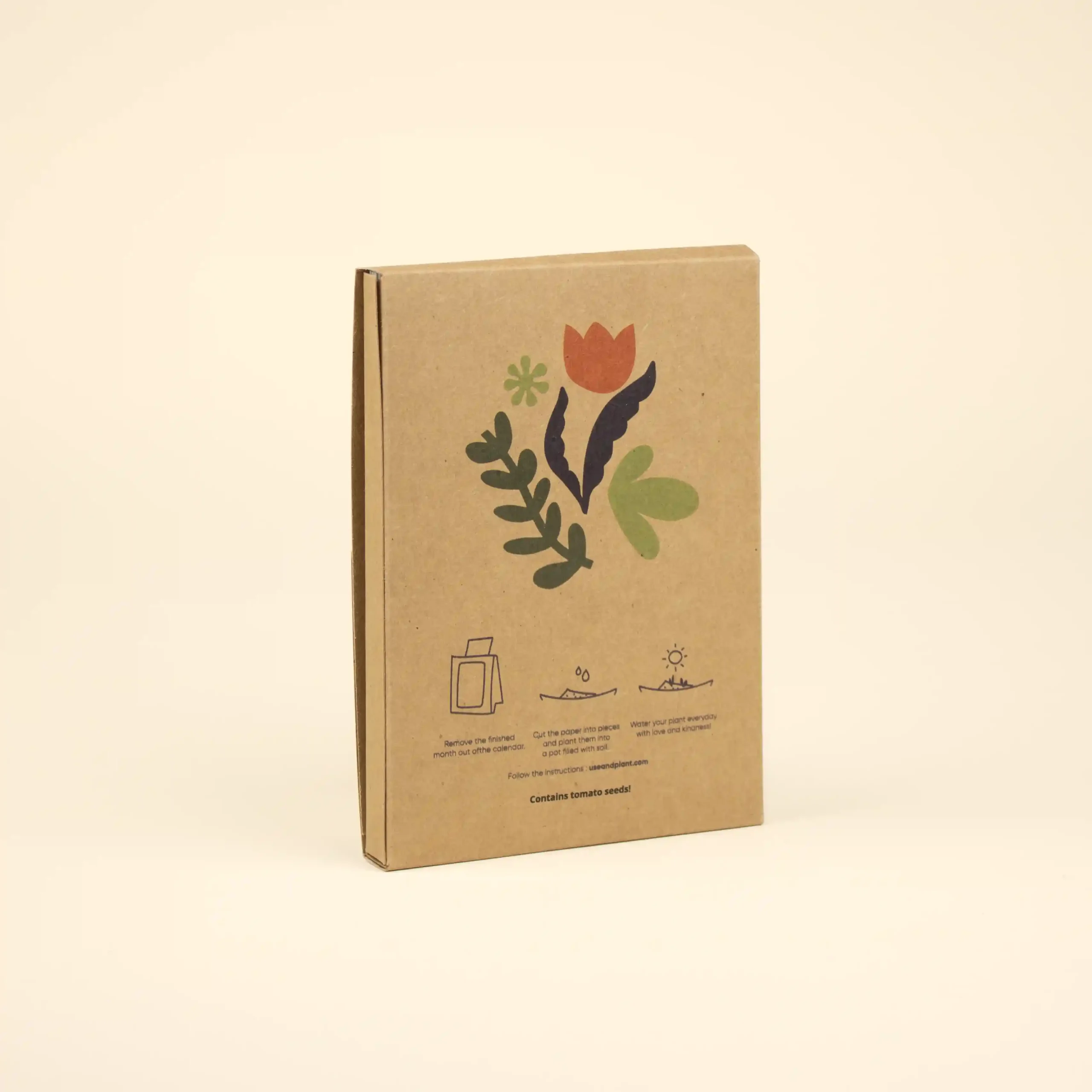 Trasera cerrada de un calendario de semillas en estuche kraft personalizado