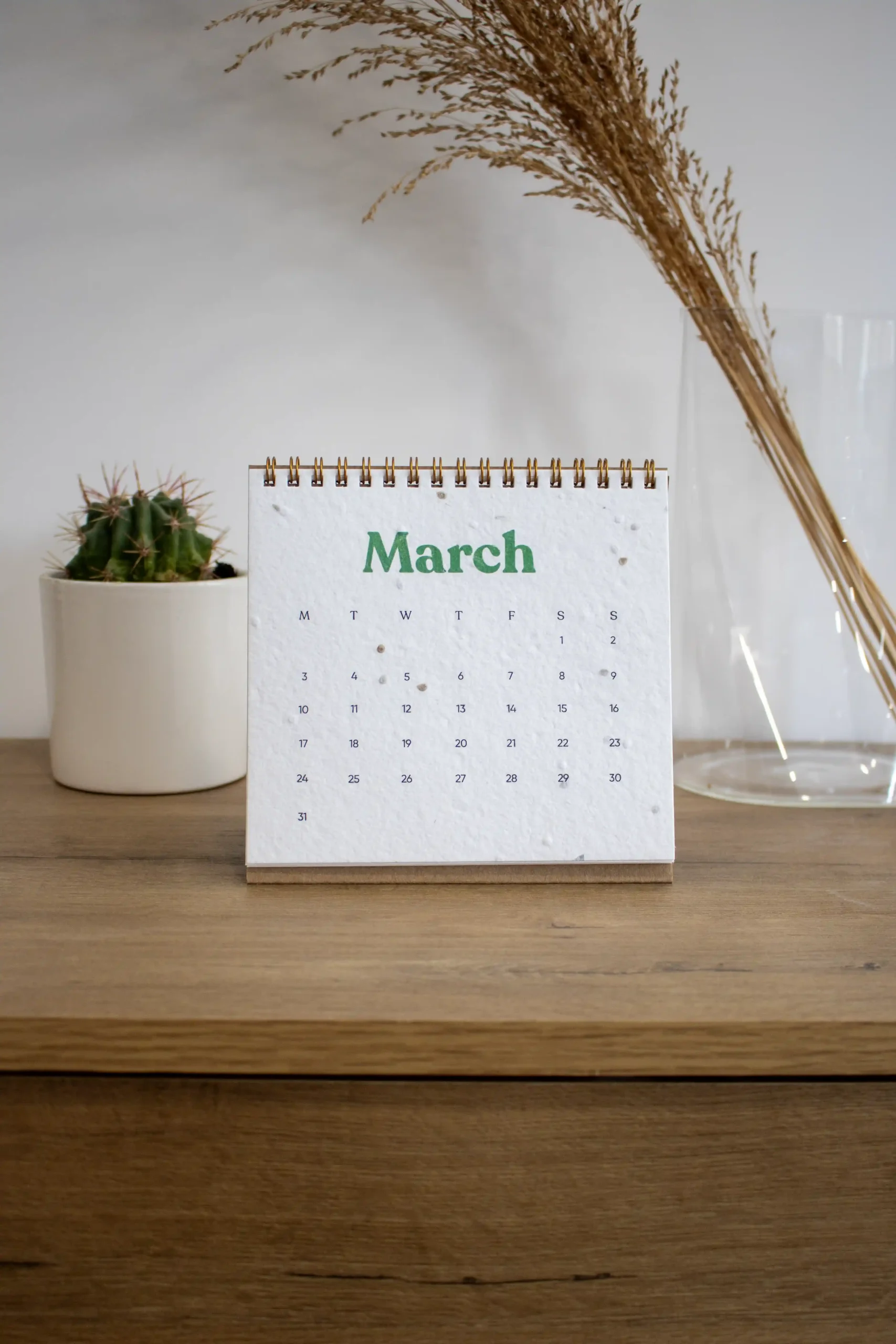 Calendario plantable de mesa TRIGA Calendario plantable de mesa abierto sobre mesa de madera con plantas