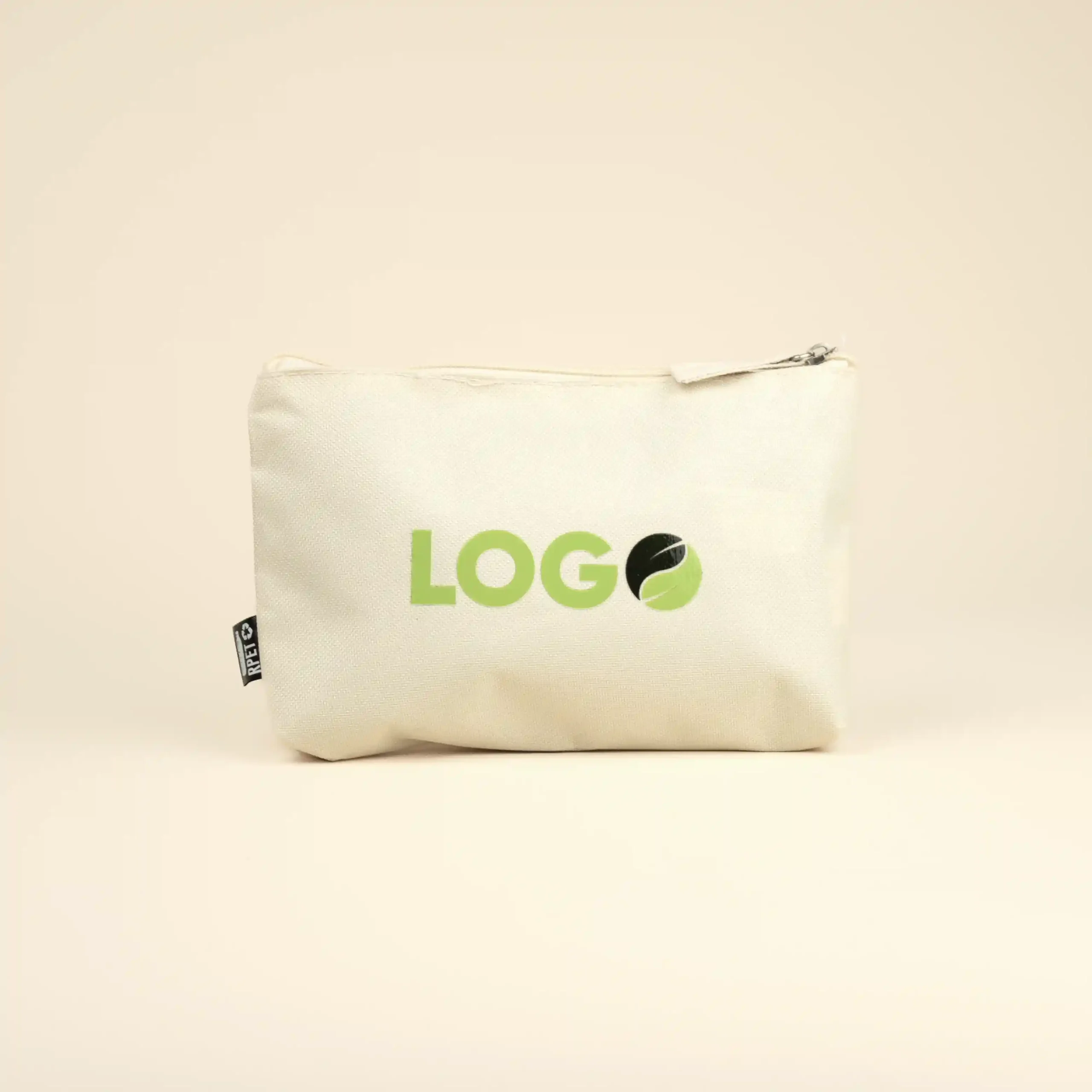 Neceser beige personalizado con la palabra logo en verde