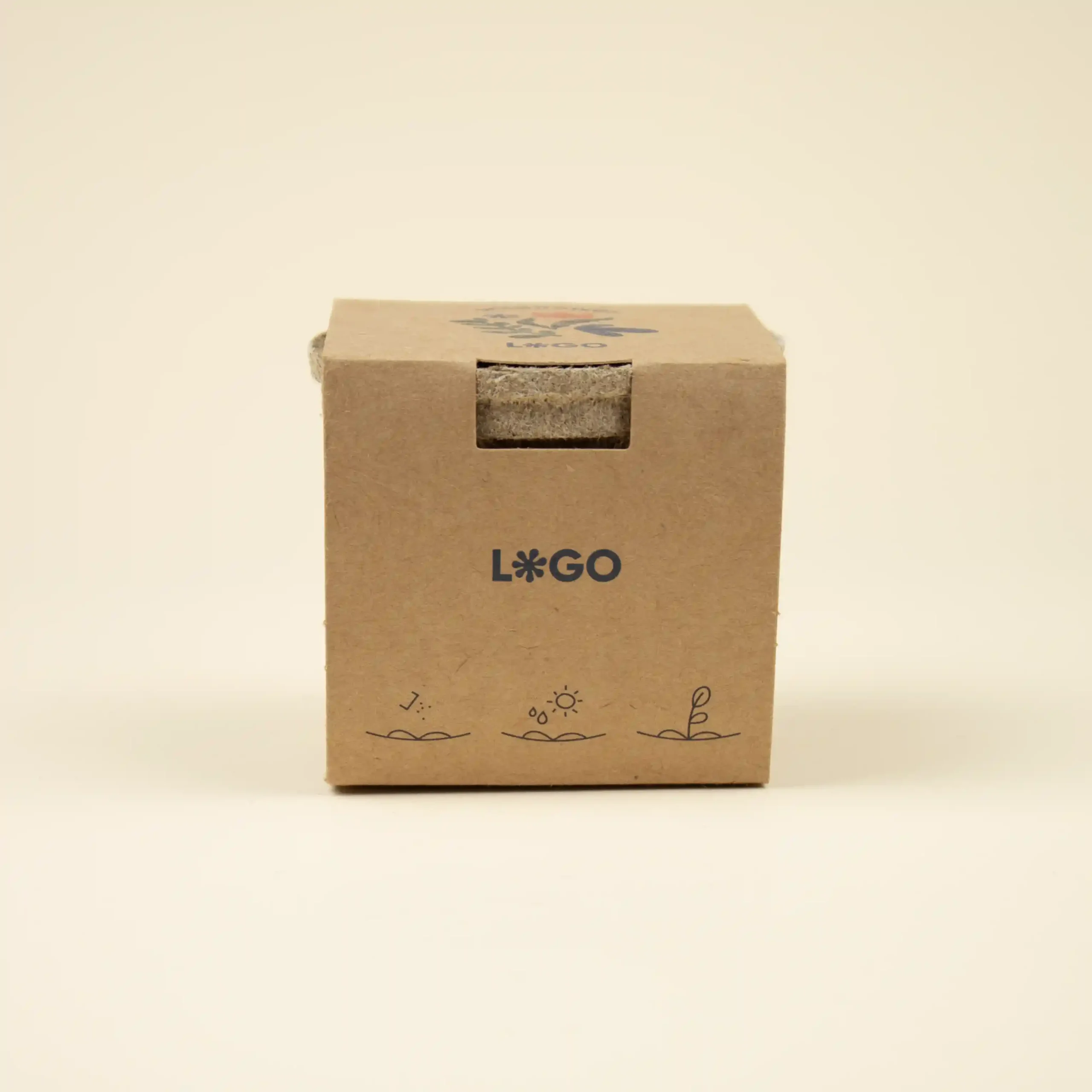 Kit plantable de fibra de coco dentro de un packaging en cartón kraft personalizado