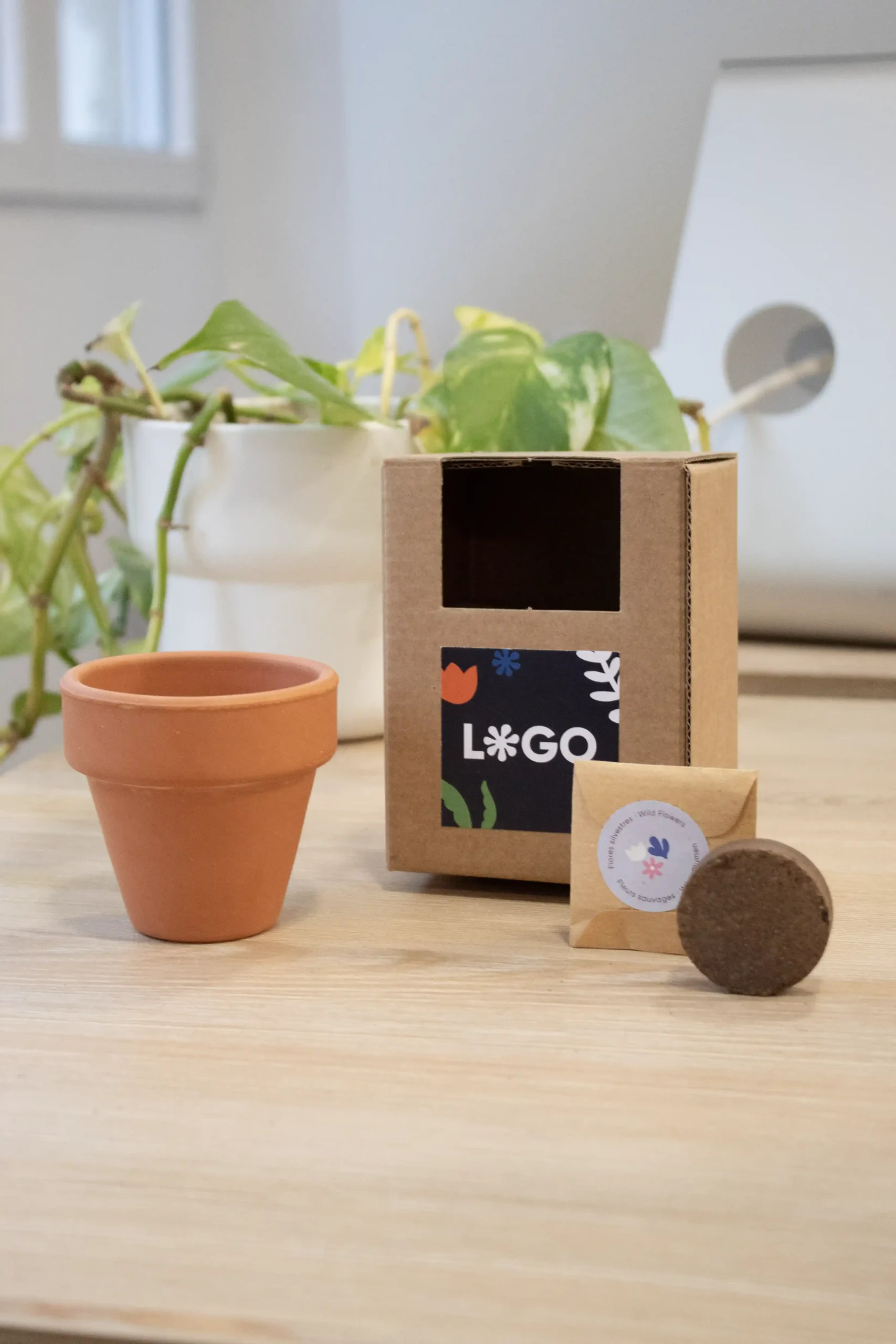 Kit plantable de barro con una pastilla de tierra, un sobre con semillas y un packaging en cartón kraft personalizado con una pegatina