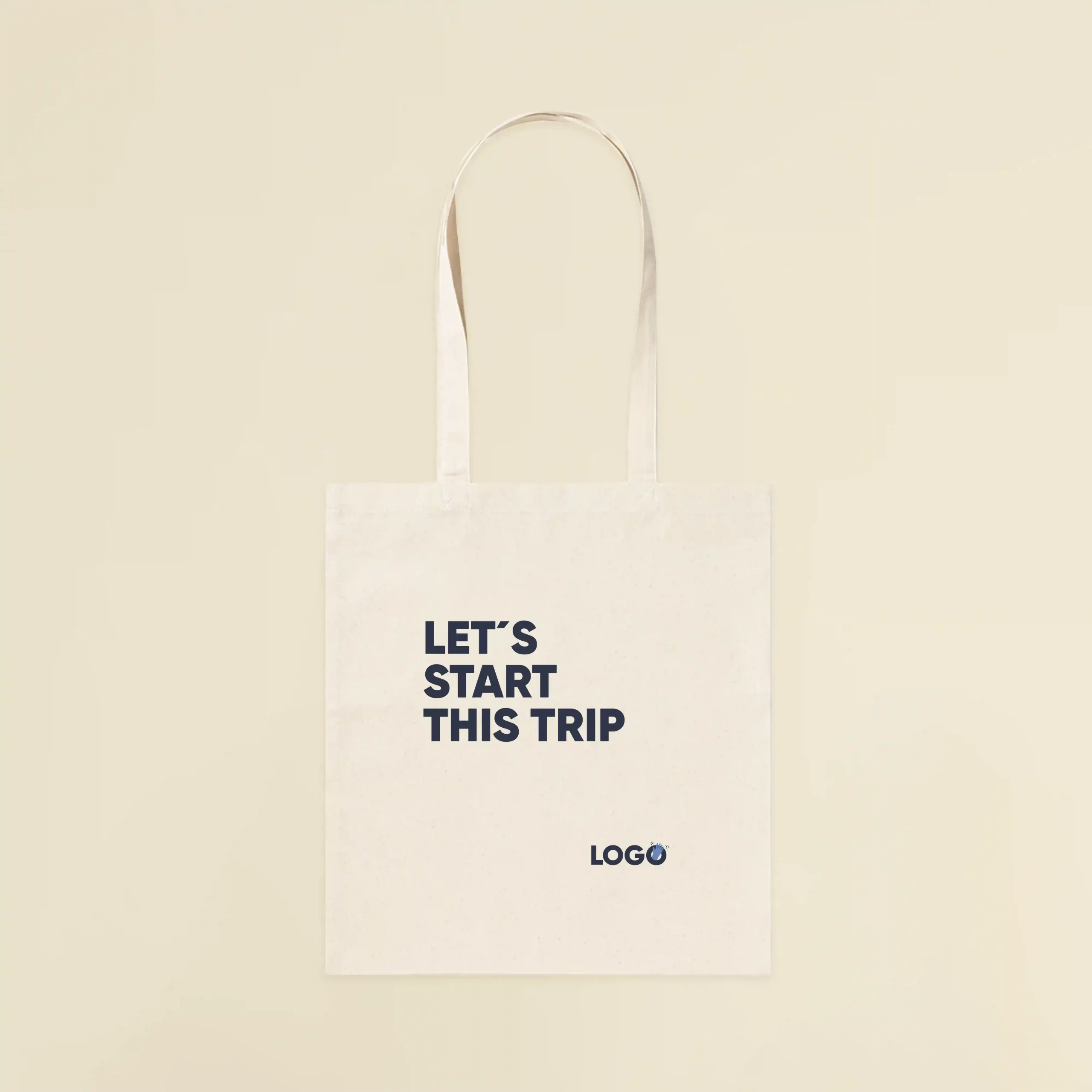Tote bag de tela personalizada con el texto 'Let's start a trip'