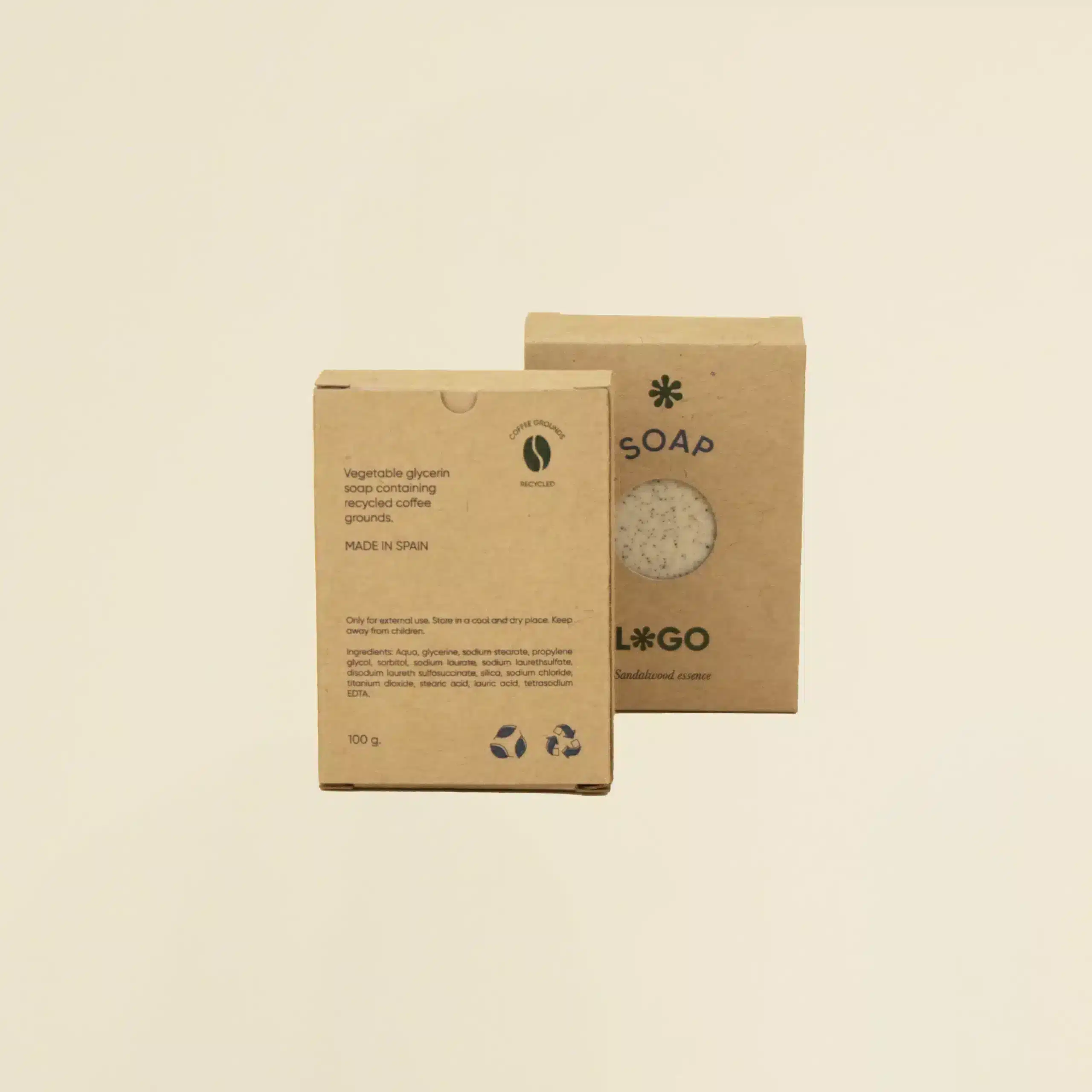 dos jabones artesanales dentro de cajas kraft marrones personalizadas