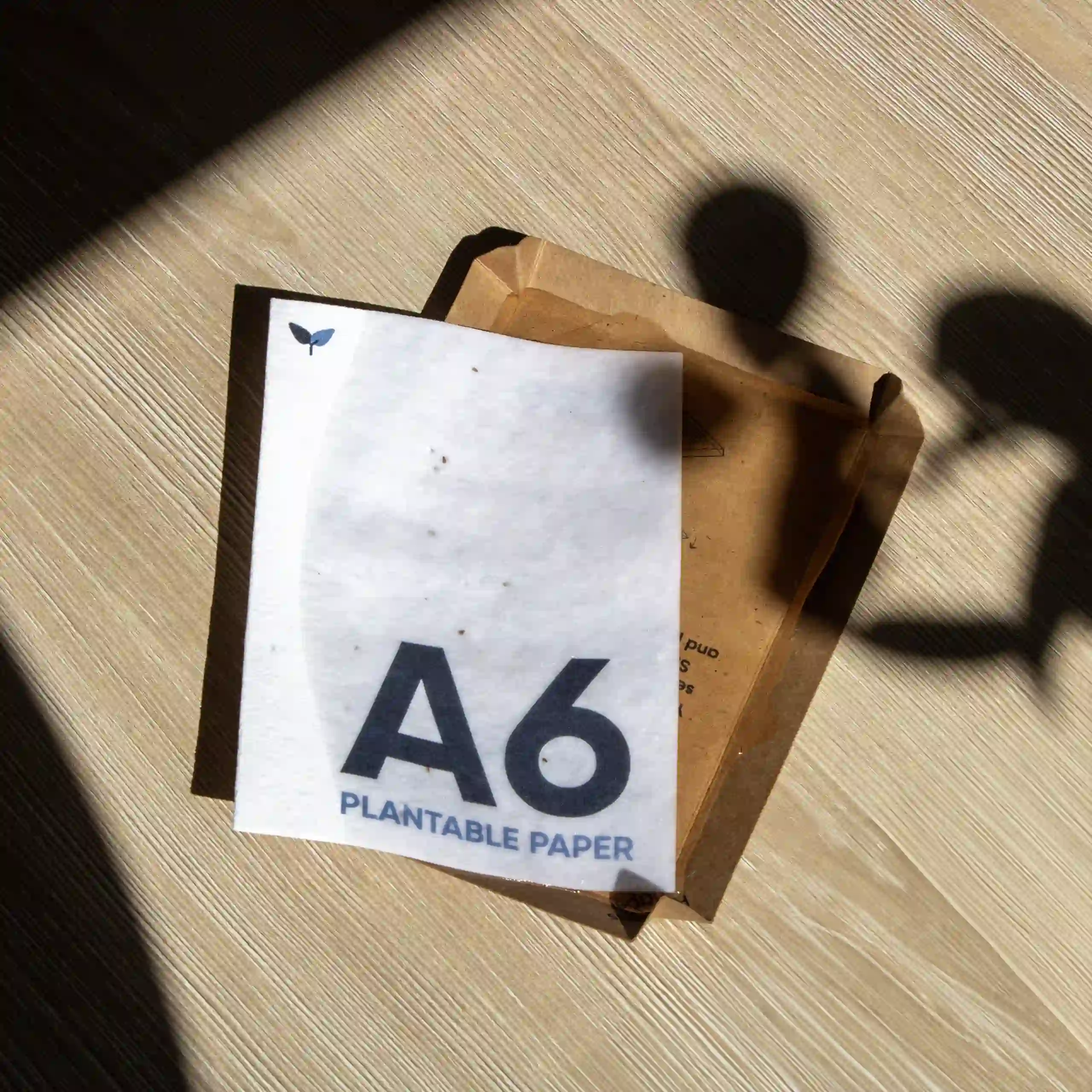 Tarjeta A6 impresa en papel plantable colocada sobre un recipiente hecho de cartón kraft