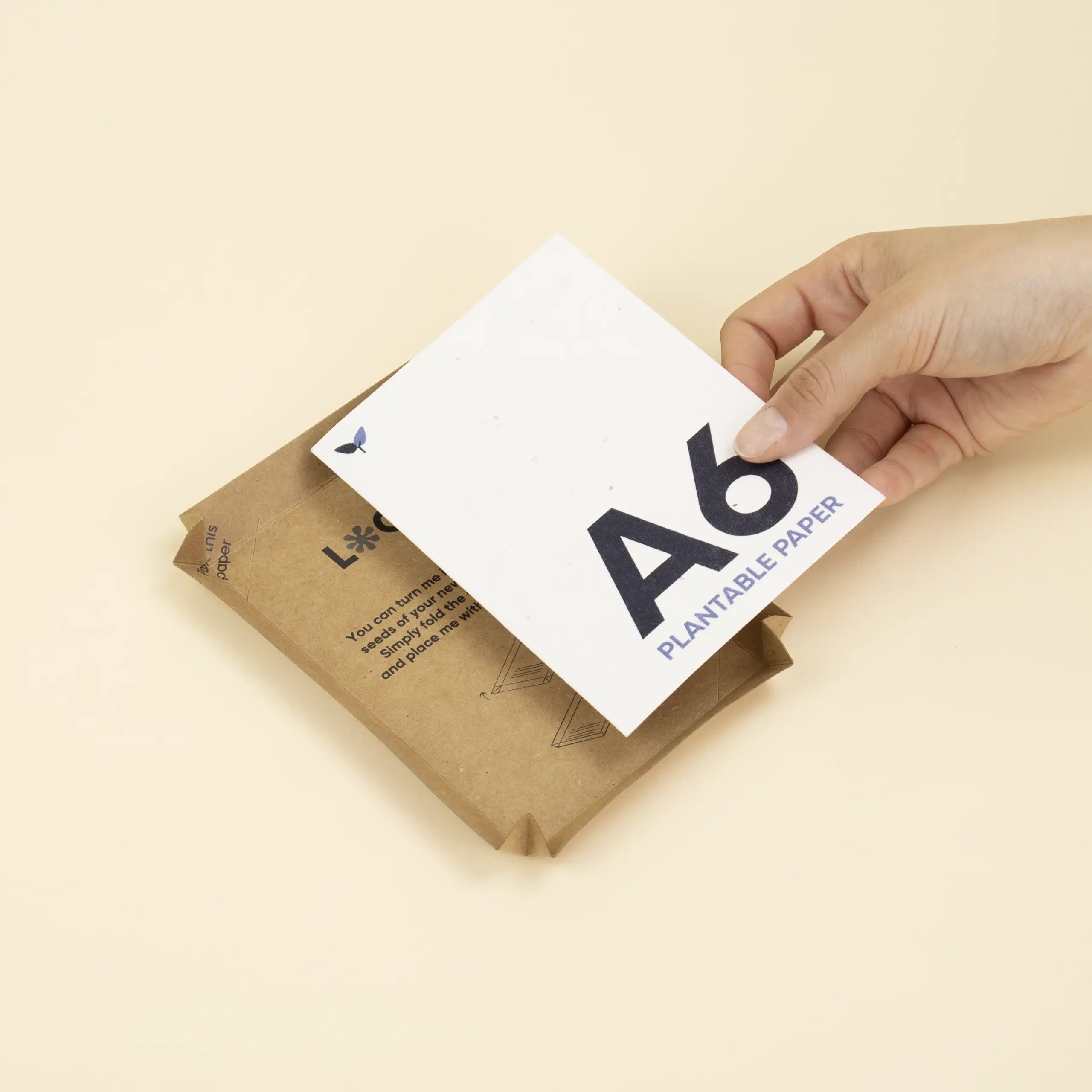 Mano colocando una tarjeta A6 de papel plantable sobre un recipiente hecho de cartón kraft
