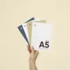 Una mano sujetando cuatro dípticos A5 impresos en papel ecológico