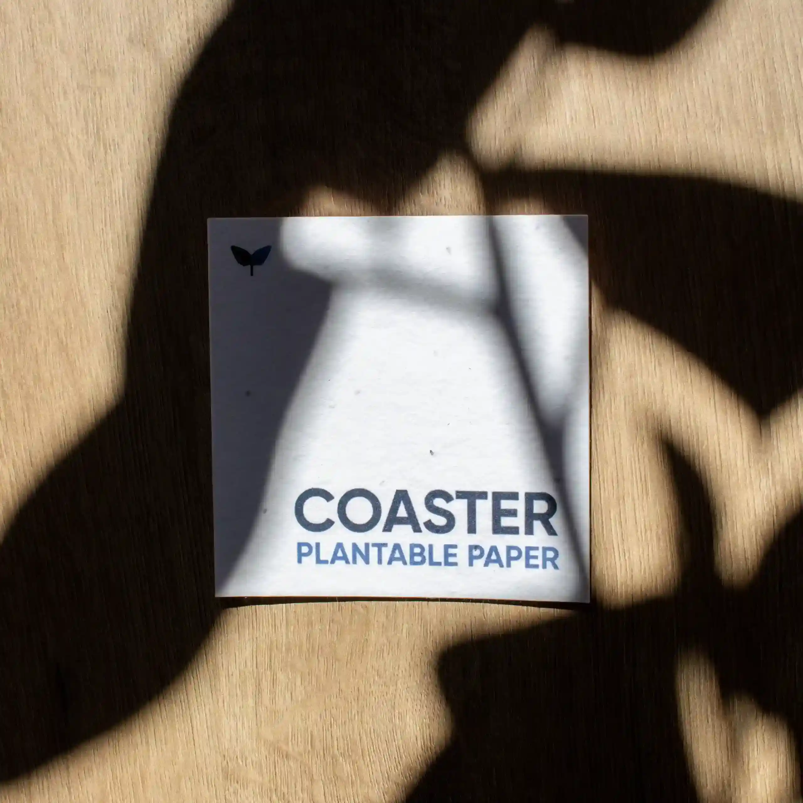 Posavasos de papel plantable personalizado sobre una superficie de madera con sombras