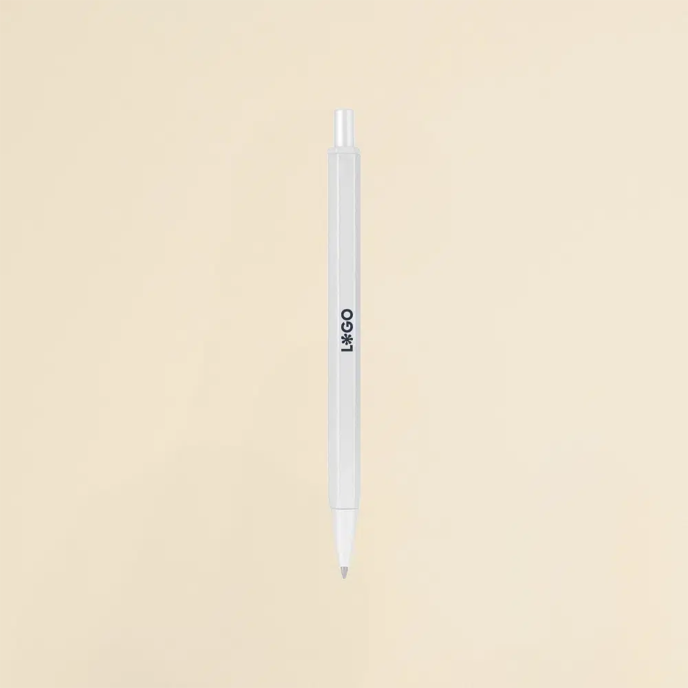 Bolígrafo hexagonal de aluminio SIXTO blanco Bolígrafo de aluminio blanco sobre un fondo beige