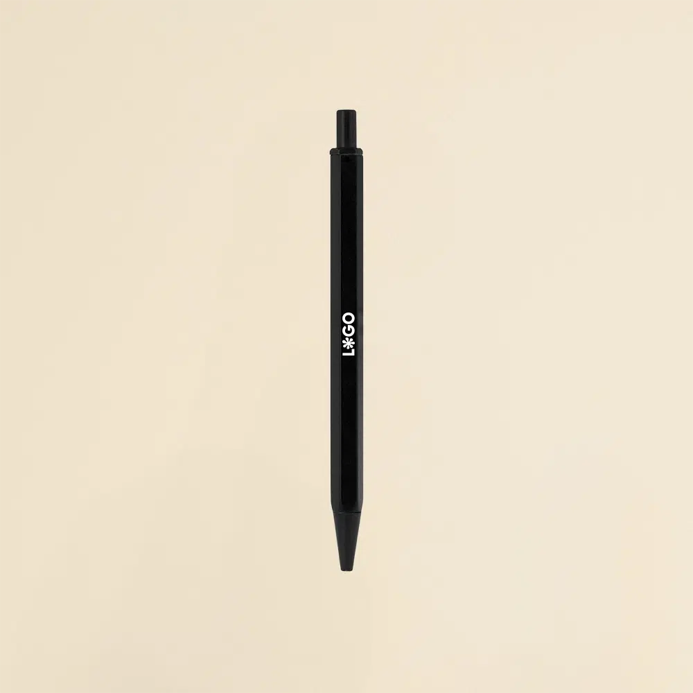 Bolígrafo hexagonal de aluminio SIXTO negro Bolígrafo de aluminio negro sobre un fondo beige