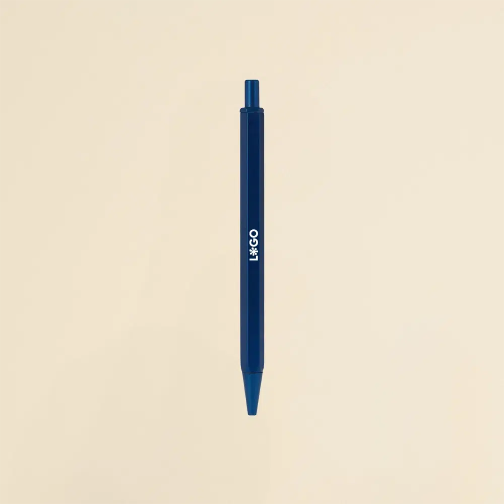 Bolígrafo hexagonal de aluminio SIXTO azul Bolígrafo de aluminio azul sobre un fondo beige