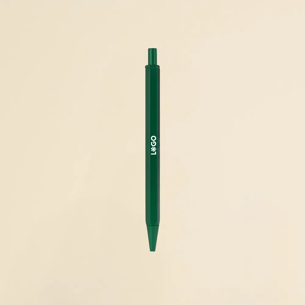 Bolígrafo hexagonal de aluminio SIXTO verde Bolígrafo de aluminio verde sobre un fondo beige