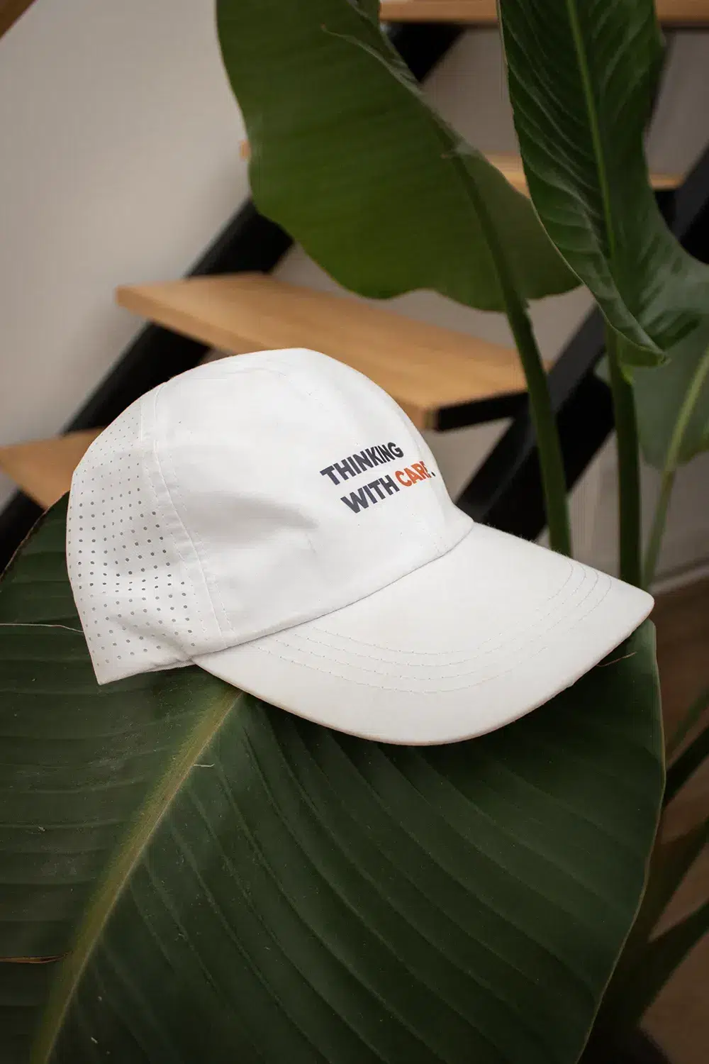 Gorra con visera personalizable sobre una planta con unas escaleras de fondo