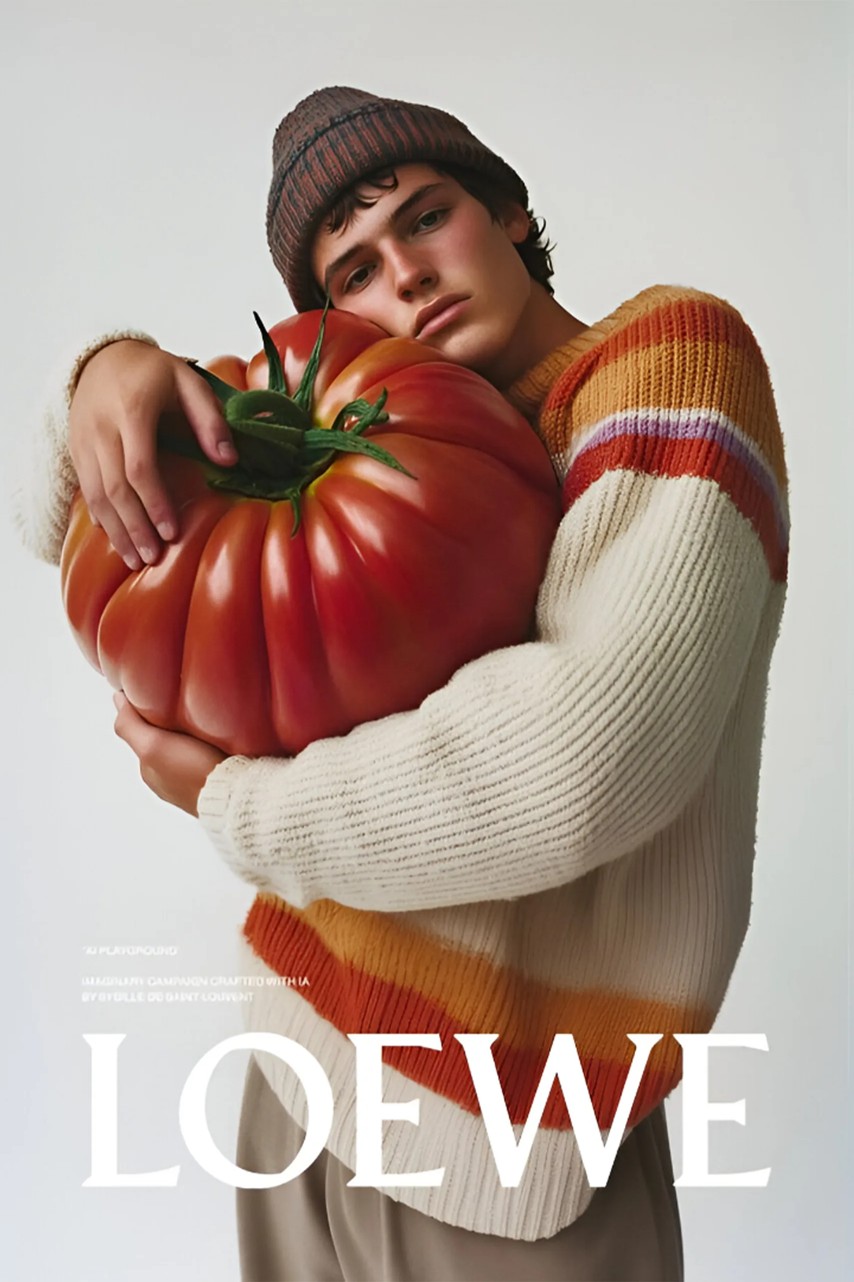 Modelo abrazando un tomate grande para una campaña de LOEWE