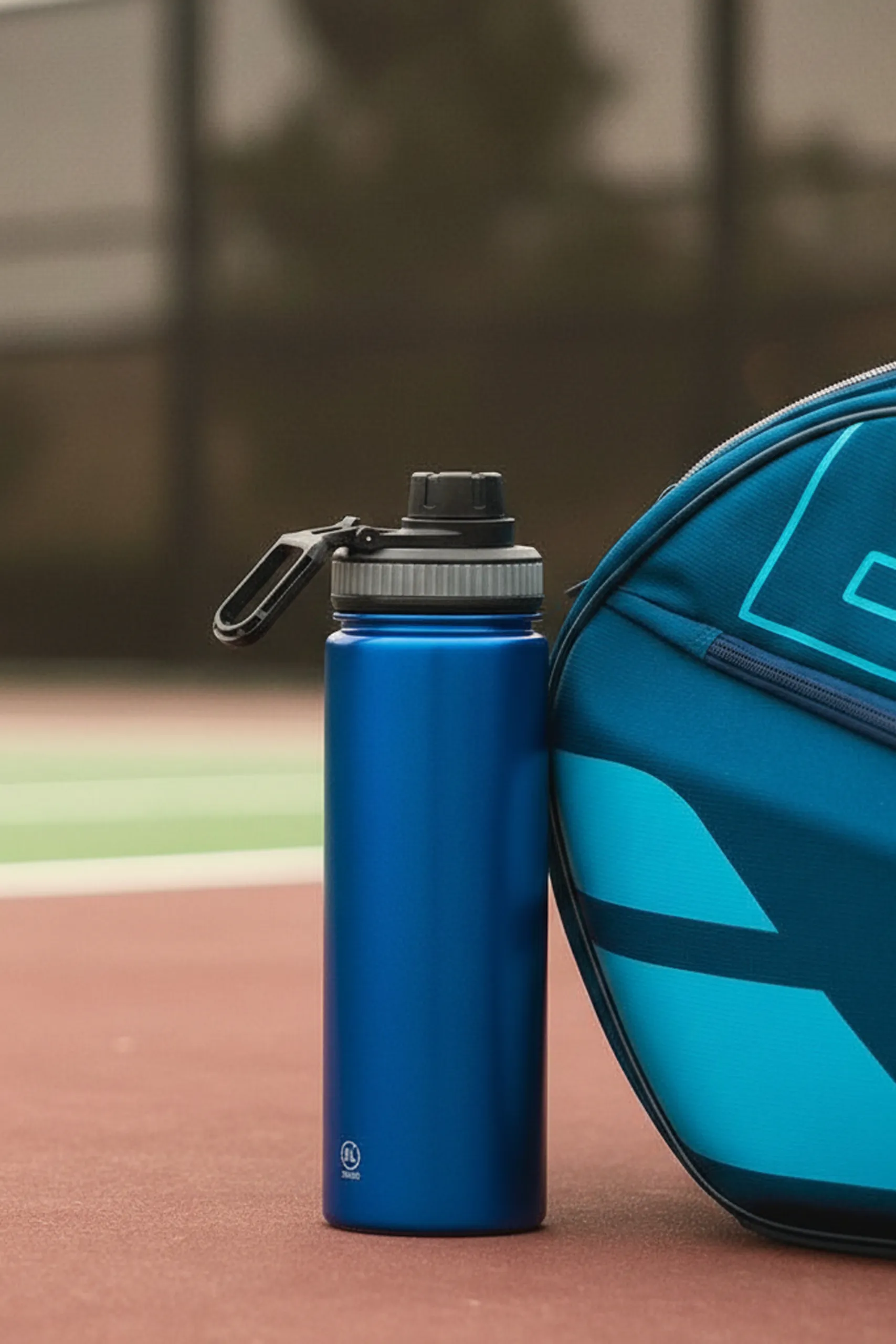 Botella deportiva azul personalizada en aluminio reciclado junto a una bolsa deportiva
