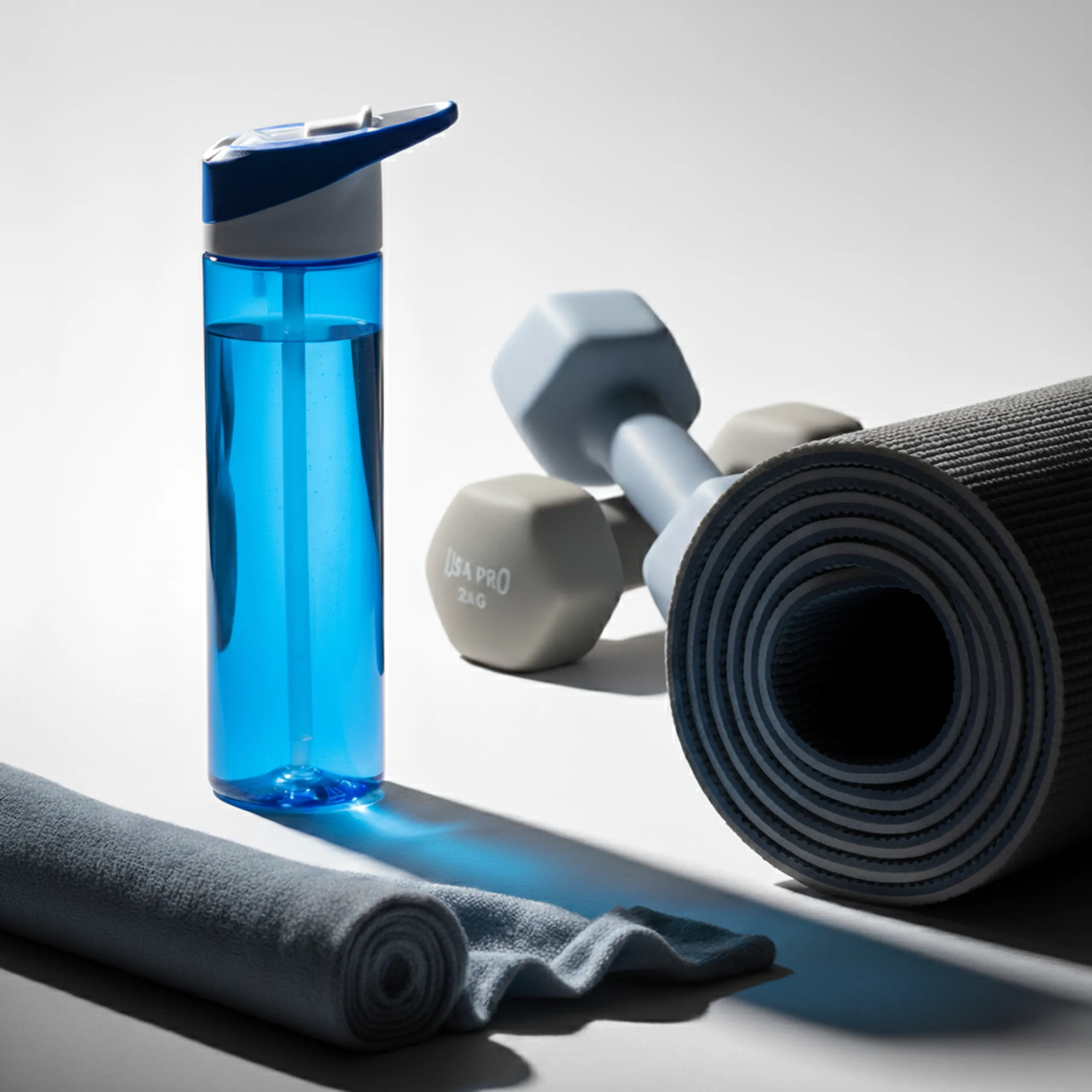 Botella de gimnasio azul junto con material deportivo