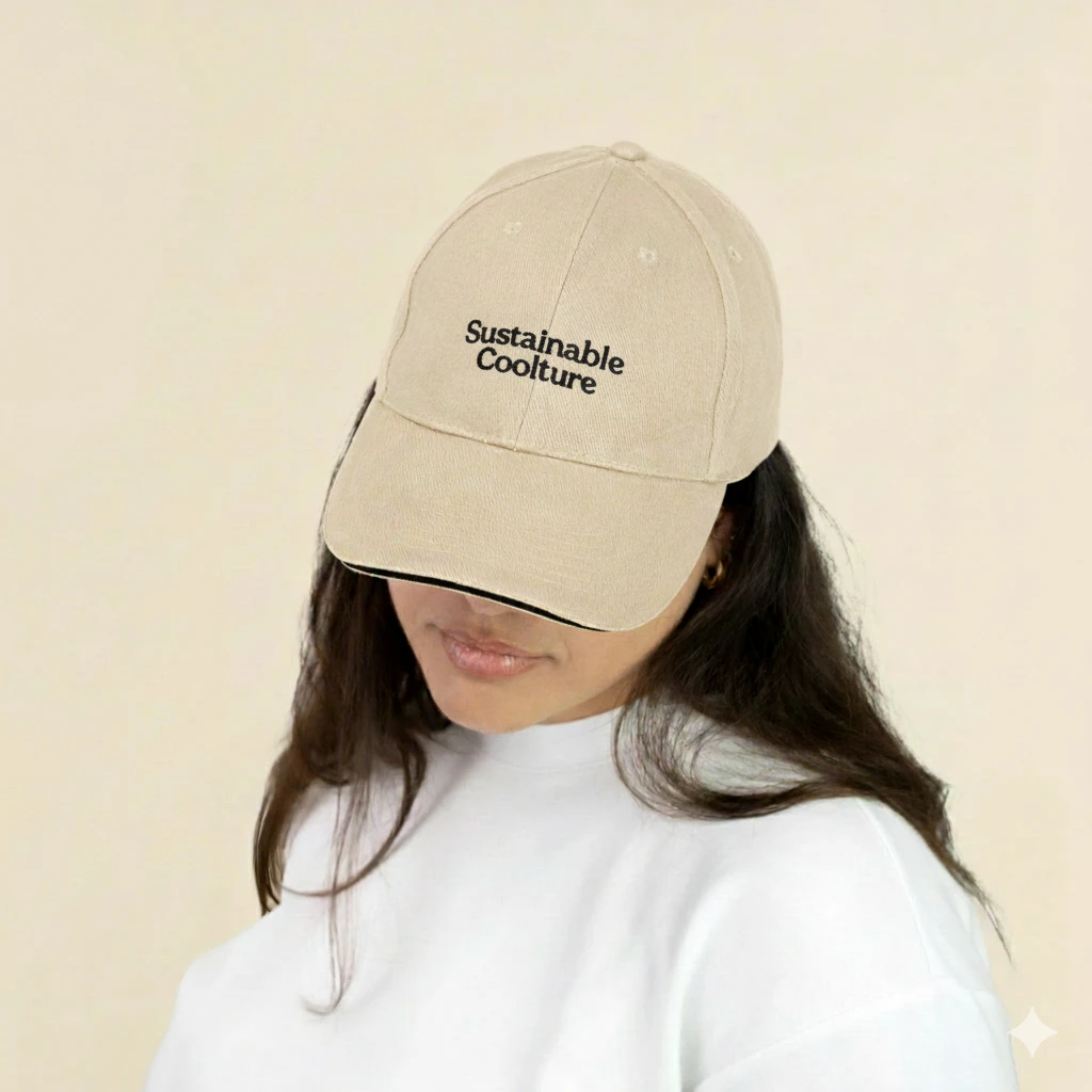 Gorra beige con logo lateral en un fondo beige