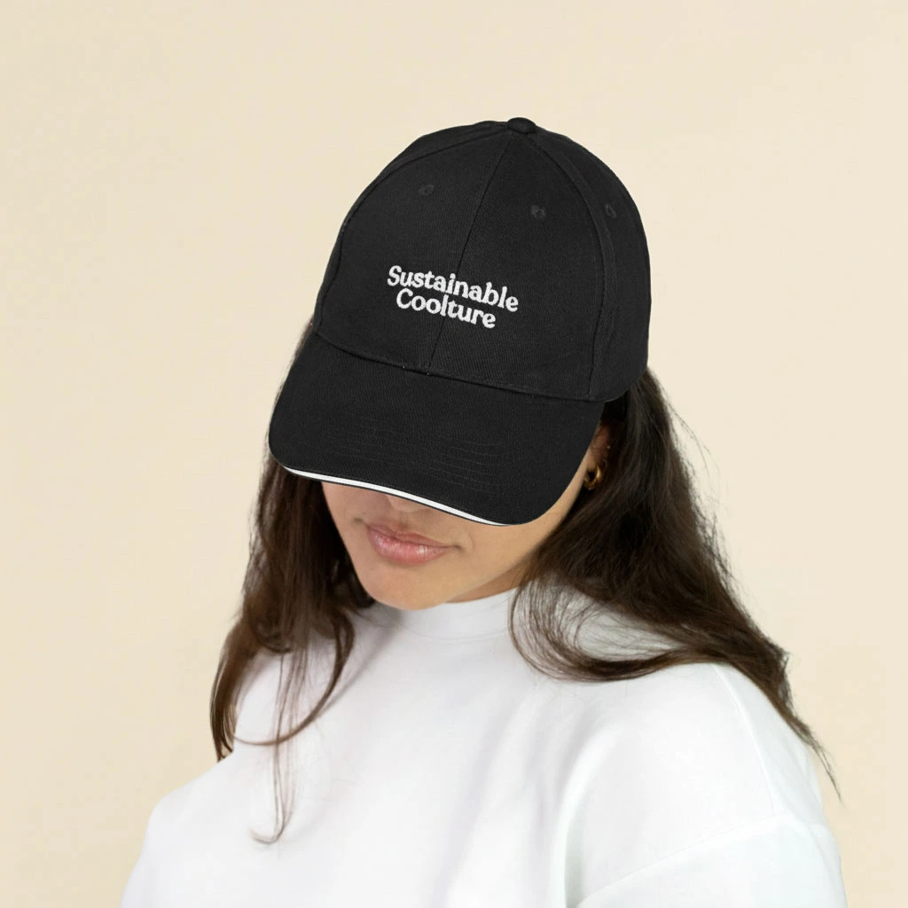 Gorra negra con logo lateral en un fondo beige