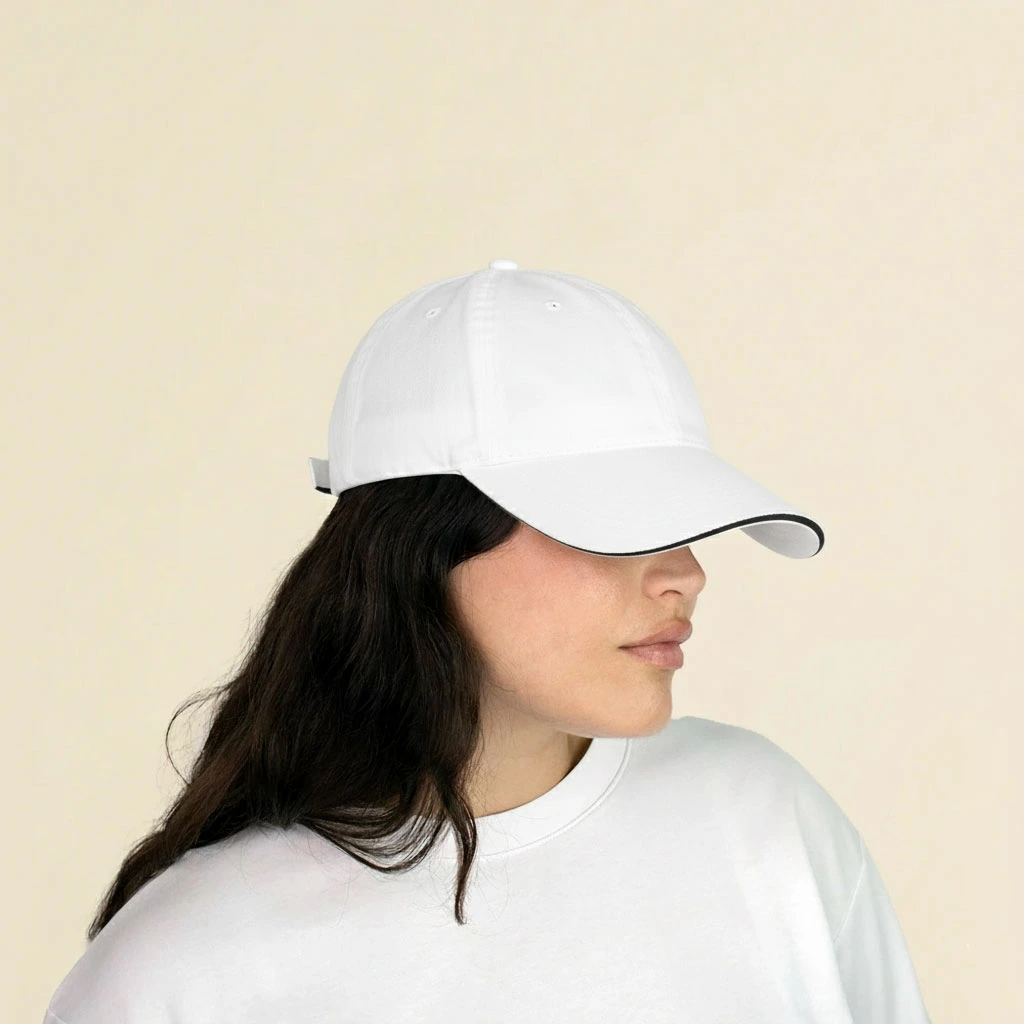 Gorra blanca con logo lateral en un fondo beige